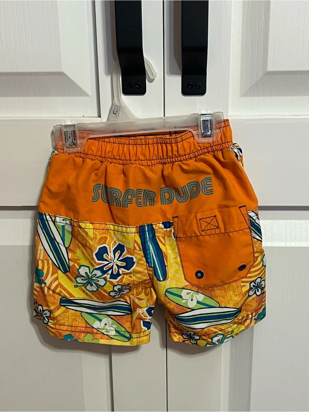 Boys Orange Floral Surfboard Swim Trunks with Drawstring